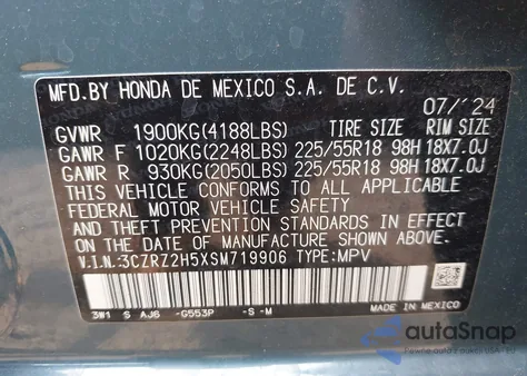 2025 Honda Hr-V Awd Sport из США, поврежденный, VIN 3CZRZ2H5XSM719906